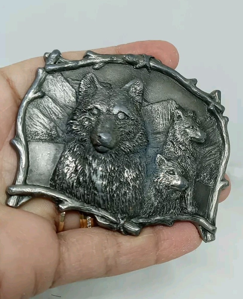 Vtg. Great American Products Pewter 3 Wolves Belt Buckle. Intricate. Heavy