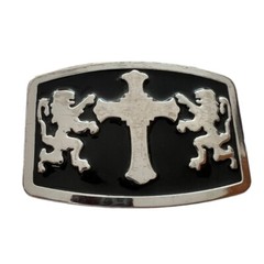 Vintage Mens Belt Buckle – Black Silver With Double Lions and Cross 4×3 Inches