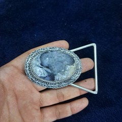 Natural Dendritic Agate Cabochon Belt Buckle – Silver Tone Filigree Setting