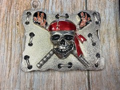 Raised Pirate Skull in Red Bandana Swords Gothic Punk Biker Vibe Belt Buckle