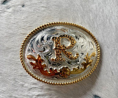 Western Initial Belt Buckle 3.5 x 2 5/8 in Oval R Silver Engraved Gold 1.75