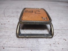 Vintage FLI Realtor JH Branded Leather and Brass Belt Buckle 3&Prime; by 2&Prime;