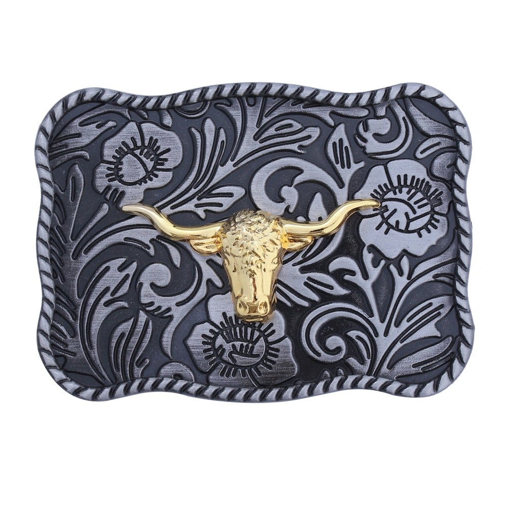 Gold Steer Head Western Bull Skull Belt Buckle Engraved Cowboy Unisex 3.5 x 2.5