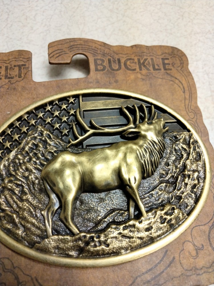 Bold and Patriotic, Large Elk in mountains with U.S Flag metal belt Buckle, New!
