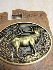 Bold and Patriotic, Large Elk in mountains with U.S Flag metal belt Buckle, New!