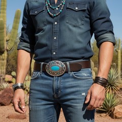 Men Women Silver Metal Buckle Native Ethnic Oval Turquoise Blue Casual Day Wear