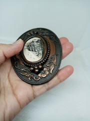Vtg. 1970s Sailing Ship Belt Buckle W Birds. Brass Plated Metal. Ornate Edges.
