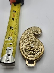 Western Paisley Belt Buckle Mens Gold Metal Rhinestone Cowboy Scroll Design