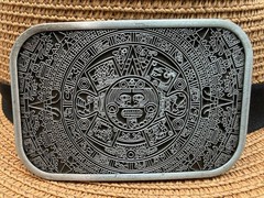 Antiqued Silver Rectangular Masop Aztec Calendar Belt Buckle