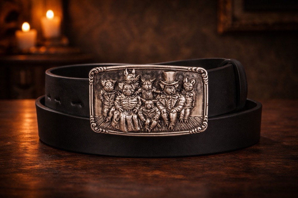 Victorian Pig Family Belt Buckle – Antique Silver Finish