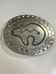 Vintage Silver Turquoise And Coral Inlaid Bear Belt Buckle Signed T
