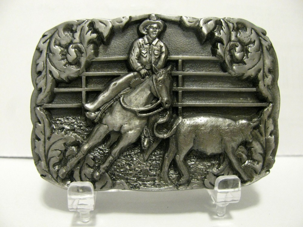 1990 Rodeo Calf Roping Cowboy Horse Calf Pewter Belt Buckle C&J Inc Collectible