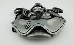 3D Pirate Jolly Roger Metal Belt Buckle Silver Tone Swashbuckler Swords 4&Prime;x 3&Prime;