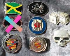 Lot Of 7 Belt Buckles The Who, Skull, Cadillac, Jamaica, Dice