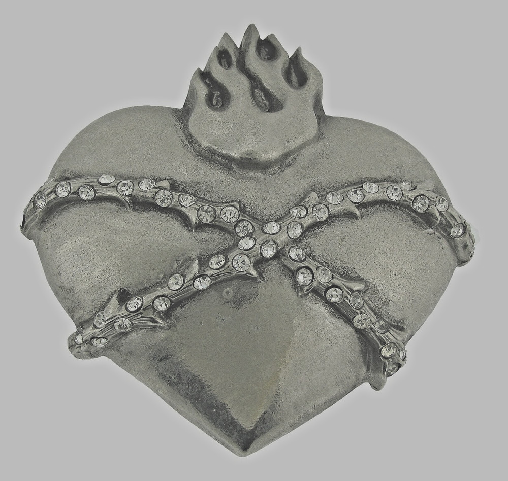 Heart Shaped Belt Buckles Sacred Heart Vintage Antiqued Gray Metal Men Western