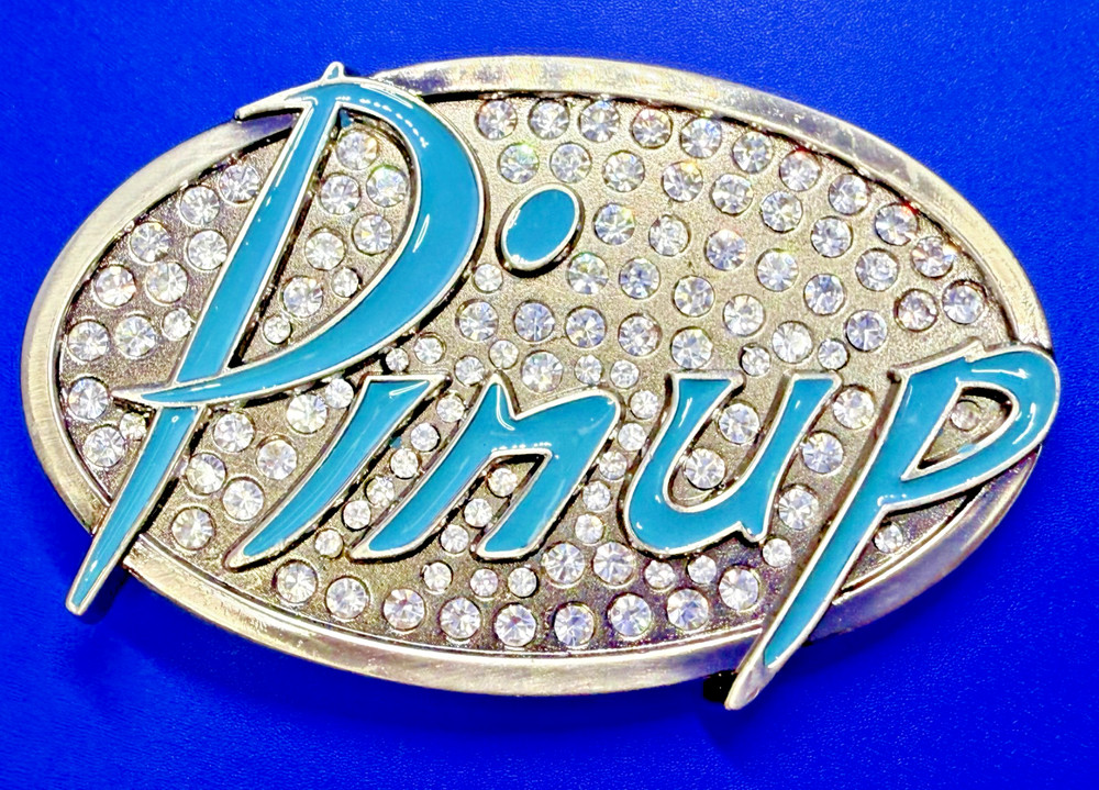 Pinup Girl – Blue Lettering Fashion Statement Novelty Jeweled Oval Belt Buckle