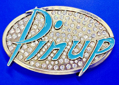 Pinup Girl – Blue Lettering Fashion Statement Novelty Jeweled Oval Belt Buckle
