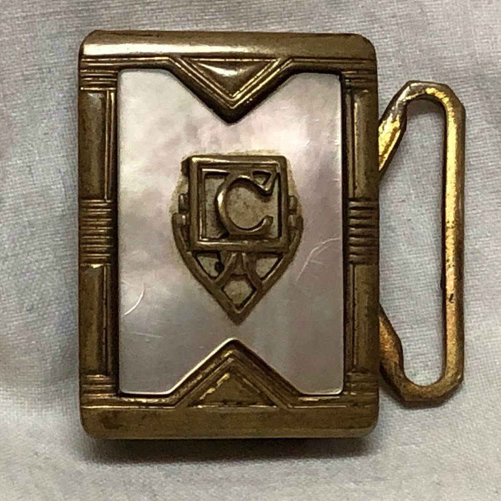 Vintage Belt Buckle Shell Inlaid Brass Ornate Design Marked Gloray Newport