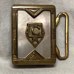 Vintage Belt Buckle Shell Inlaid Brass Ornate Design Marked Gloray Newport