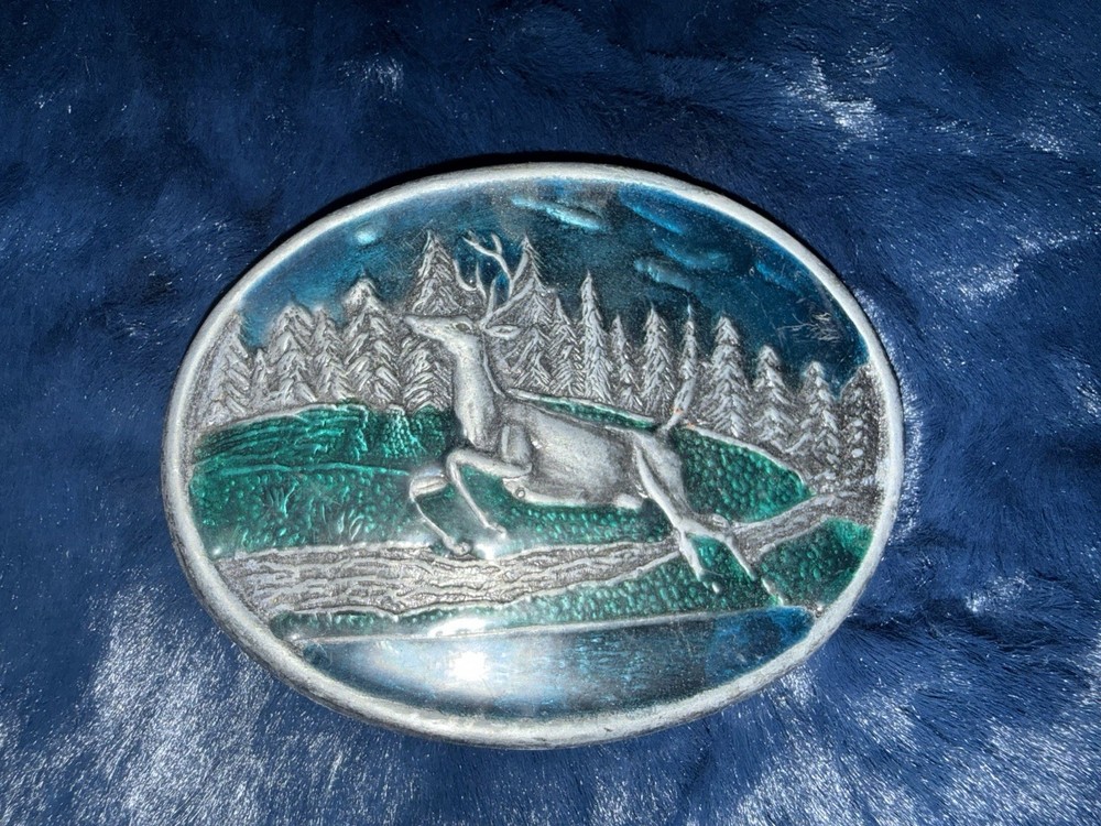 RARE Vintage Bergamot Bronze / Pewter Metal Jumping Deer/Elk Enamel Belt Buckle