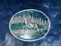 RARE Vintage Bergamot Bronze / Pewter Metal Jumping Deer/Elk Enamel Belt Buckle