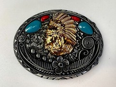 Native American Indian Chief in Head Dress Faux Turquoise & Coral Belt Buckle
