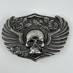 Belt Buckle – Skull With Wings and Roses. Biker Buckle to suit 1.5&Prime; (40mm) Belt