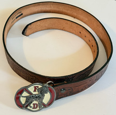 Vintage Dalmatian Belt Buckle W/ Firemen, EMTs & Fire Trucks Leather Belt XL