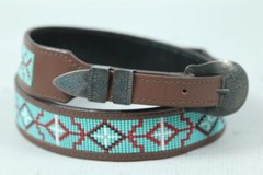 UNCLE SAM W Sterling Silver Buckle Navajo Native Turquoise Beaded Leather BELT