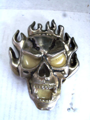 BELT BUCKLE, FLAMING SKULL, SILVER COLOR WITH CREAM ENAMEL