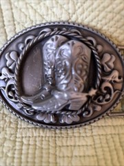 Vintage Western Cowboy Boots Belt Buckle Rope Scroll Design Silvertone 4×3”