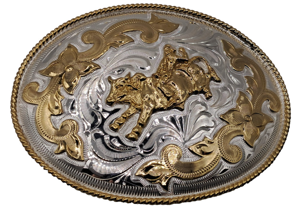 Alpaca Mexico Silver Gold Tone Large Rodeo Belt Buckle Cowboy Bull Rider 5&Prime;x4&Prime;