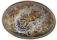 Alpaca Mexico Silver Gold Tone Large Rodeo Belt Buckle Cowboy Bull Rider 5&Prime;x4&Prime;