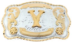 Initial « Y » Letter Large Gold & Silver Rodeo Western Cowboy Metal Belt Buckle