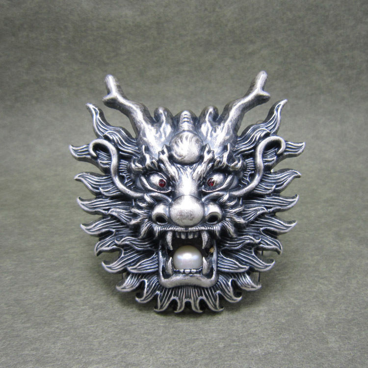 Silver Plated Asian Chinese Dragon Head Metal Belt Buckle