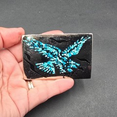 Vintage Mexico Silver Tone Turquoise Inlay Flying Eagle Rectangle Belt Buckle