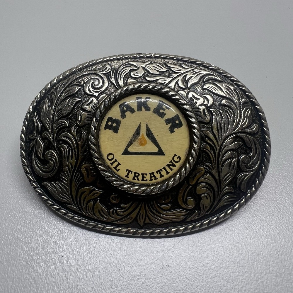 Baker Oil Treating Belt Buckle Vintage Western Floral Oval Silver Tone