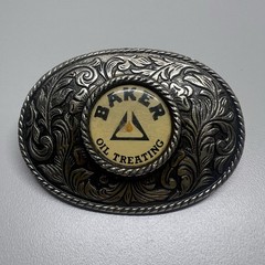 Baker Oil Treating Belt Buckle Vintage Western Floral Oval Silver Tone