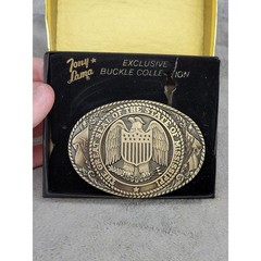 Tony Lama Mississippi State Seal Belt Buckle Solid Brass Vintage Gold Tone Box
