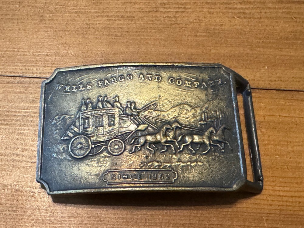Vintage Wells Fargo and Company 1852 Stage Coach Rectangular Brass Belt Buckle