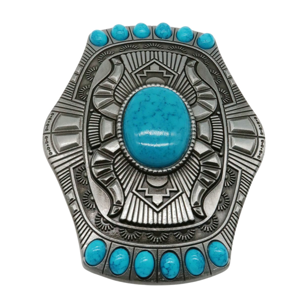 Men Silver Metal Belt Buckle Ethnic Western Vintage Fashion Turquoise Blue Beads