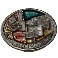 1988 C&J Vintage Electrician Pewter Enamel Belt Buckle 1054 Made USA 3.25×2.5”
