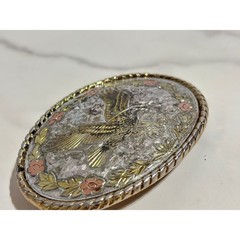 Vintage Western Eagle Floral Belt Buckle Tri-Tone Gold Silver Rose Made in USA