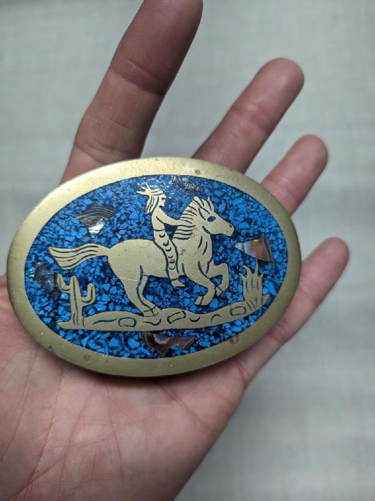 vintage HANDCRAFTED belt buckle NATIVE AMERICAN indian horse TURQUOISE western