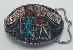 VTG 1986 Pewter & Enamel SQUARE DANCING Western C & J Belt Buckle 3&Prime; x 2 1/4&Prime;