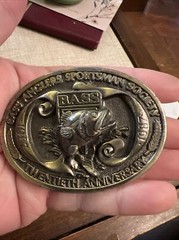 1967-87 BASS ANGLERS SPORTSMAN SOCIETY 20 YEAR FISHING 3D LOOK BRASS BELT BUCKLE