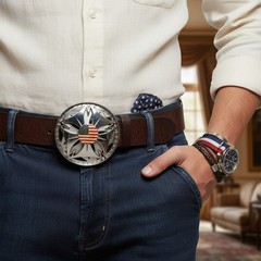 Men Women Silver Metal Big Buckle Round Spinning USA Flag United States America