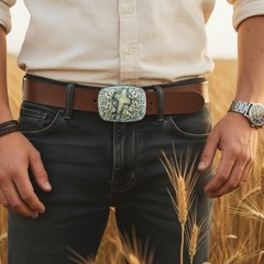 Men Women Belt Buckle Black Faux Leather Religious Cross Western Weekend Style