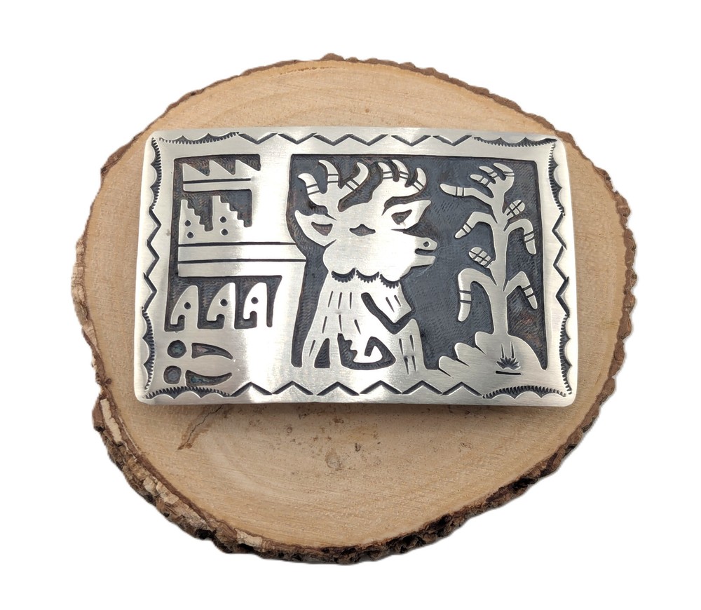 Native American Sterling Silver Belt Buckle Overlay Design Collectible Navajo