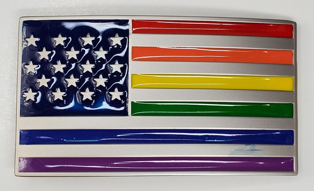 Belt Buckle Enamel Rainbow American USA Flag LBGTQ fits 1.5&Prime; belt